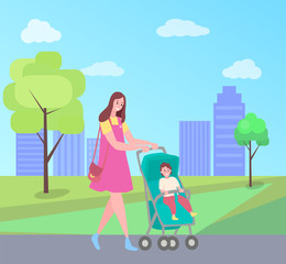 Woman walking with pram and kid vector, lady has fun with child in city park with green trees and buildings on backdrop. Son and mom spending time together