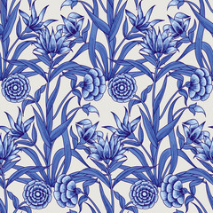 Woodblock printed all over indigo dye seamless ethnic floral pattern. Traditional oriental motif of India Mogul with bouquets of carnations, blue hues on ecru background. Textile design. - 273897503