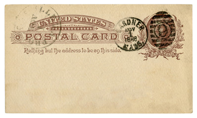 Gardner, Massachusetts, The USA - 2 November 1886: Blanked US historical Post Card with brown text in vignette, Imprinted One Cent Thomas Jefferson stamp, Fancy cancel 9