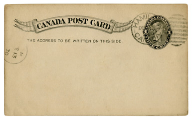 Hamilton, Canada - 1 December 1894: Blanked Canadian historical Post Card with black text in vignette, Imprinted One Cent Queen Victoria Stamp, Fancy cancel