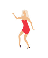 Blonde woman entertain at disco club, girl on party. Vector sexy lady dancer on dancing floor in mini red dress isolated cartoon character in flat style