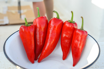 Red sweet pepper lies in a bowl