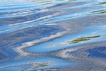 Waves on water.Reflection in the river of blue sky and white clouds.