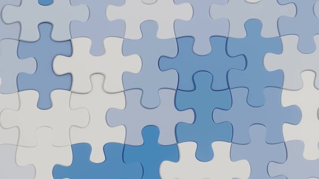 Fly over blue and white puzzle pieces where one element is missing. Animation with mask included.