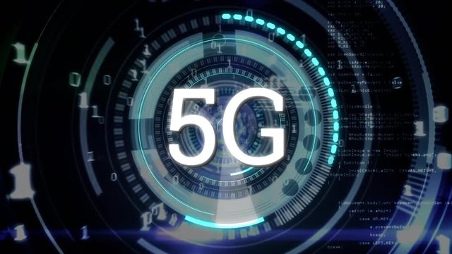 5G written in the middle of a futuristic circles and binary codes