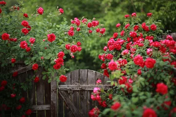 Fototapeten Beautiful red rose bush abundant blooming in summer garden in contryside, blurred tilt-shift shot, © Anna