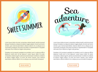 Sweet summer vector, woman laying on inflatable saving ring. Sea adventures male and female on vacation swimming in water, website set with text info