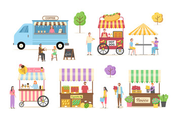 Hot dog and coffee shop vector, ice cream and flowers kiosk, vegetables market summer marketplace for customers, people eating by truck under umbrella