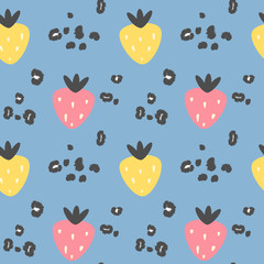 abstract modern seamless vector pattern background illustration with strawberries and animal print with leopard dots