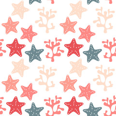 cute summer seamless vector pattern background illustration with coral and starfish 