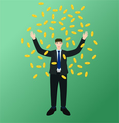 Happy businessman standing under money rain , success concept