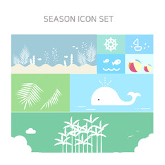 Vector illustration of summer icons for summer event, Sea, whale, marine life, marine plants, water, sea view, fish, sea, clouds, palm trees, seagulls, wavy, ship, beach, summer, event, sale.