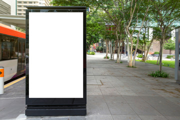Digital Media blank advertising billboard in the bus stop, blank billboards public commercial with passengers, signboard for product advertisement design