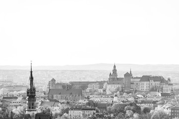 Fototapeta Panoramic Cityscape of Krakow, Poland, with wawel castle, black and white. View from Krakus mound. obraz