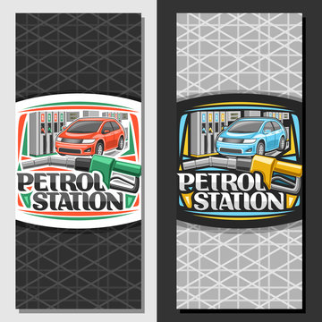 Vector layouts for Petrol Station, decorative cards with red and blue cartoon cars, filling gasoline, automatic fuel pump nozzle, original lettering for words petrol station on grey cells background.