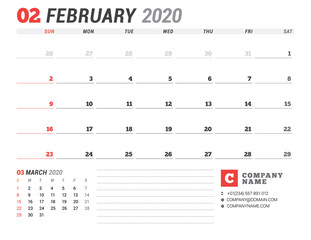 Calendar template for 2020. Business planner. Stationery design. Week starts on Sunday