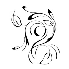 decorative ornament with leaves and curls in black lines on a white background