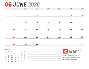 Calendar template for 2020. Business planner. Stationery design. Week starts on Sunday