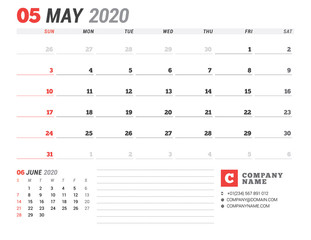 Calendar template for 2020. Business planner. Stationery design. Week starts on Sunday