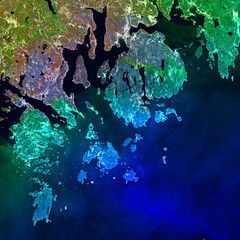Acadia National Park and its surroundings, collage with neon colors rocky landscape carved by glaciers. Mountains and hills roll to the Atlantic Ocean. Elements of this image furnished by NASA.