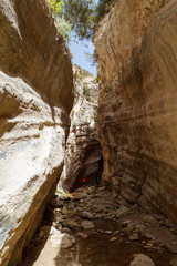 Avakas Gorge canon in Cyprus with little river, Sunlit rocks and tight path between them.