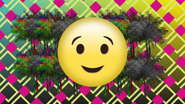 Emoji, palm trees, and square pattern