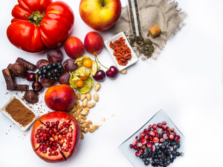 antioxidants, resveratrol food as green tea, grape, blueberry, apricot, apple, chocolate, tomatoes, pomegranate