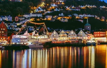 Night lights and reflections on the Old wharf of Bergen Norway