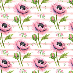 pattern of watercolor pink flowers poppies on a white background with a pink stripe