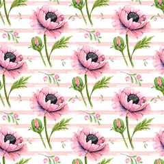 Wallpaper murals Poppies pattern of watercolor pink flowers poppies on a white background with a pink stripe
