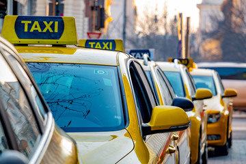 yellow taxis waiting in a taxi line