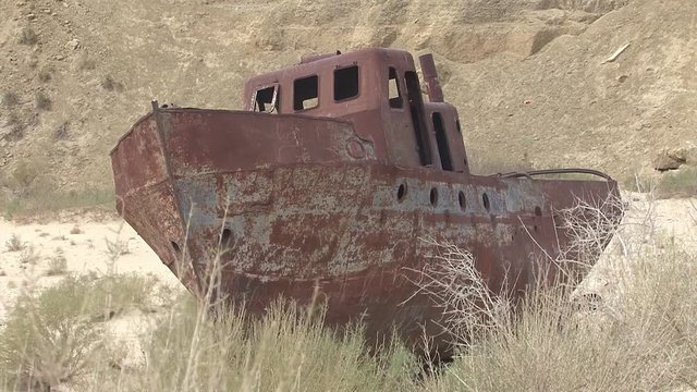 Uzbekistan The bottom of the retreating Aral Sea. Cemetery ships.