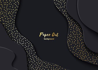 Black paper cut 3d background. Abstract realistic papercut wavy layers with golden sparkles. Vector illustration flyer layout template. Dark backdrop material design concept