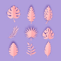 Fototapeta na wymiar Set of pink summer tropical leaves in paper cut style. Craft jungle neon colored plants collection on light violet background. Vector card illustration.