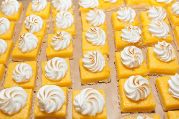 Close up of Custard pie with meringue on candy buffet