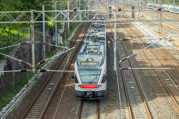 Helsinki,Finland - June 12, 2019: Wiew of Helsinki railway. Train arrives the station