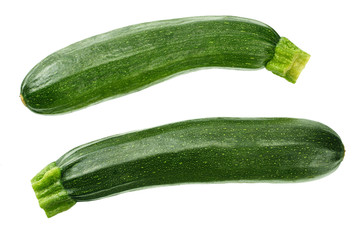 fresh green zucchini with slice isolated on white background. top view