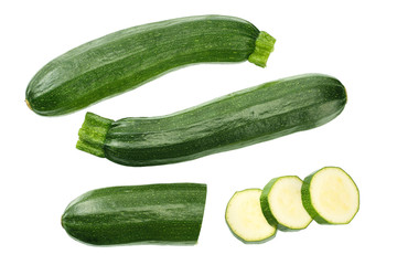 fresh green zucchini with slice isolated on white background. top view