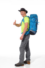 Male tourist with a backpack on a white background. - 273910320