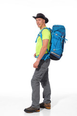 Male tourist with a backpack on a white background. - 273910343