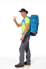 Male tourist with a backpack on a white background. - 273910362