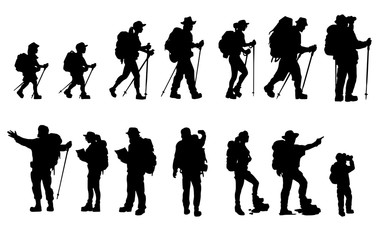 Silhouettes of travelers with backpacks set. hiking, trekking, backpacking. - obrazy, fototapety, plakaty