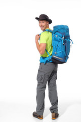 Male tourist with a backpack on a white background. - 273910382