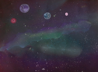 Watercolor cosmic space. Planets. Galaxy background. Watercolor starry sky.