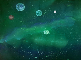 Obraz na płótnie Canvas Watercolor cosmic space. Planets. Galaxy background. Watercolor starry sky.
