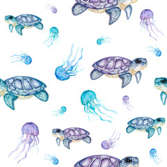 Watercolor turtles pattern. Hand drawn watercolor  turtles with jelly fishes