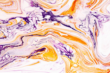 Marbled orange and violet background texture. Colorful granite mineral wallpaper.