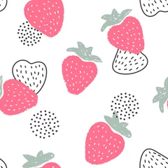 Poster Colorful modern pattern of strawberries on white background. Strawberry top view. © jullyromas