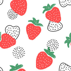 Seamless pattern with fresh strawberry isolated on white background.