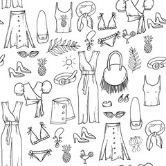 Fashion set of woman's summer clothes and accessories. Seamless pattern.